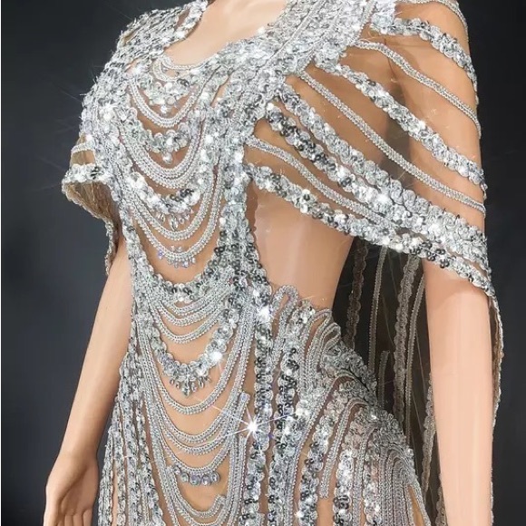 🌸 DIAMOND DRESS RHINESTONE LONG MAXI TALL SHEER SILVER WEDDING BRIDE QUEEN - Picture 2 of 7